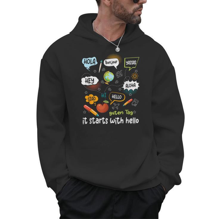 Friendship Inclusion Language Teacher It Starts With Hello Men Hoodie