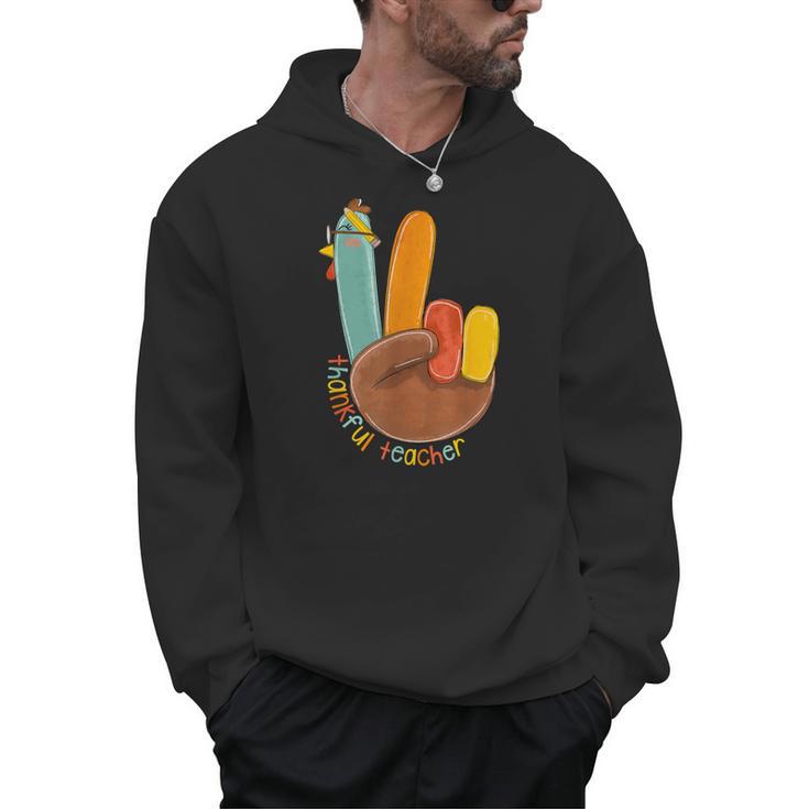 One Thankful Teacher Thanksgiving Turkey Peace Hand Sign Men Hoodie