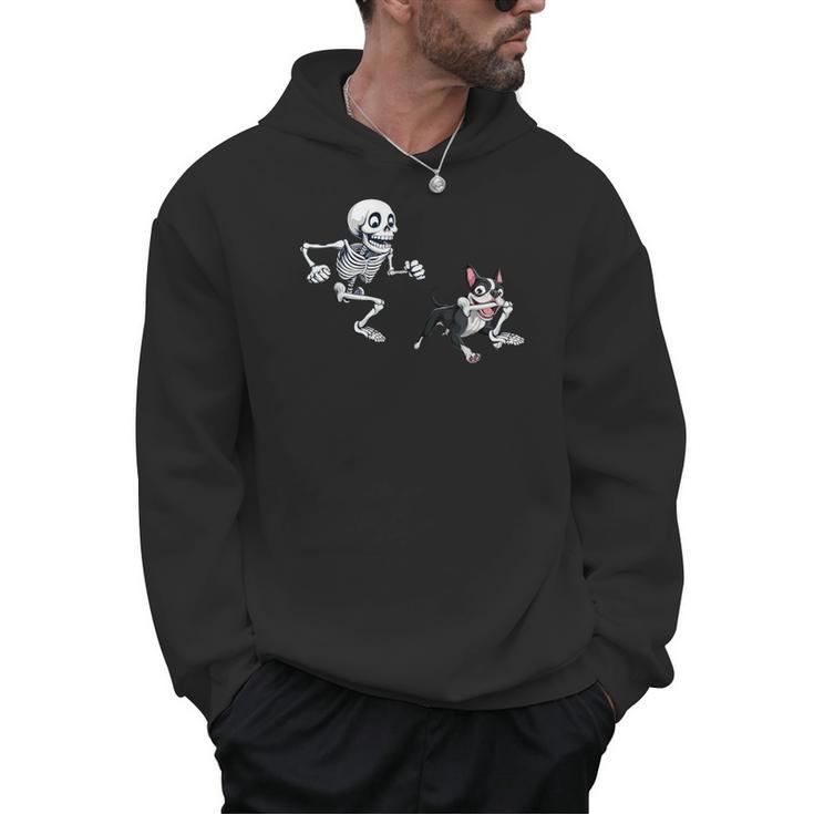 Skeleton Chasing Dog Boston Terrier Halloween Pet Lover Men Hoodie