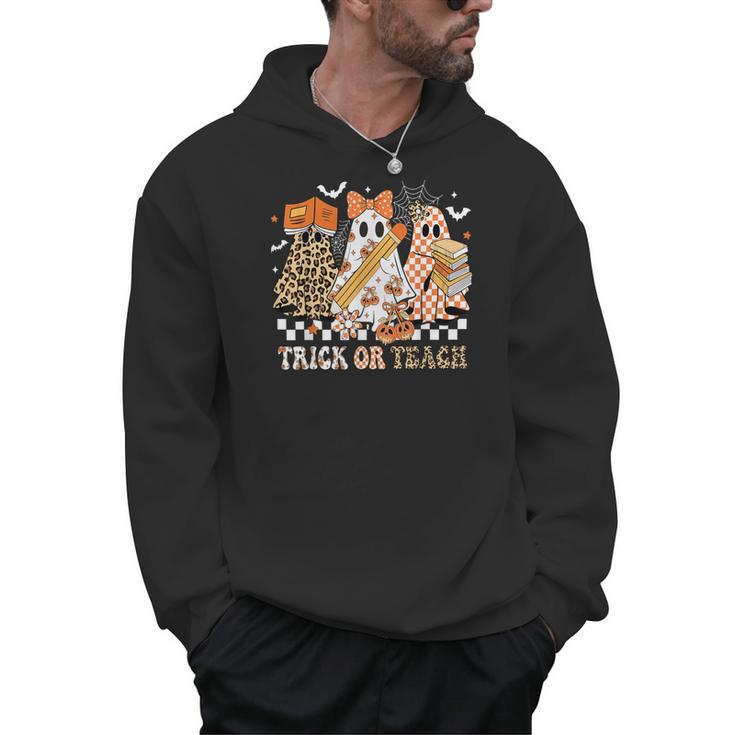 Trick Or Teach Groovy Teacher Halloween Floral Ghost Men Hoodie