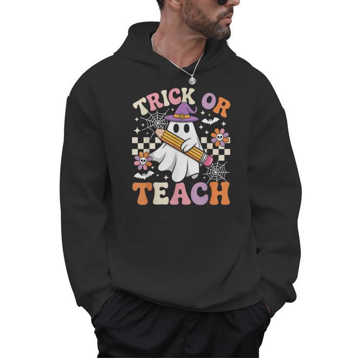 Trick Or Teach Groovy Teacher Halloween Retro Ghost Men Hoodie