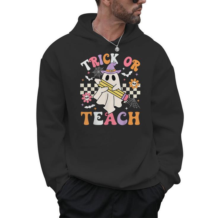 Trick Or Teach Groovy Teacher Halloween Retro Teacher Ghost Men Hoodie