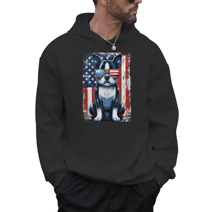 Vintage Boston Terrier Dog American USA US Flag Pets Lovers Men Hoodie