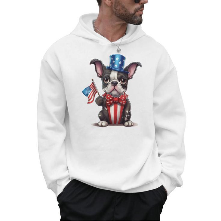 Boston Terrier Puppy Dog Holds His American Flag 4th Of July Men Hoodie