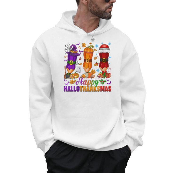 Happy Hallothanksmas Halloween Thanksgiving Pencils Teachers Men Hoodie