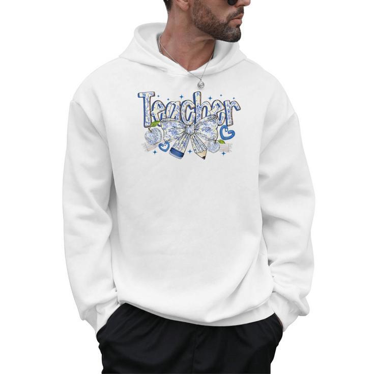 Teacher Blue Chinoiserie Coquette Bow Heart Teacher Life Men Hoodie