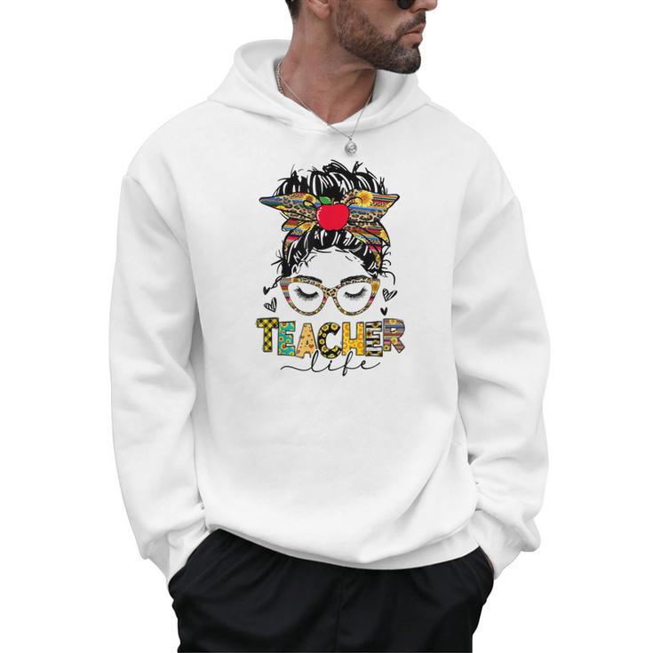 Teacher Life Messy Bun Glasses Leopard Sunflower Men Hoodie