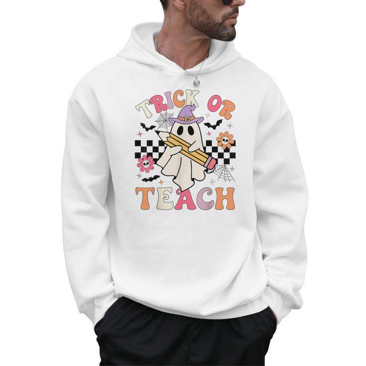 Trick Or Teach Groovy Teacher Halloween Retro Floral Ghost Men Hoodie