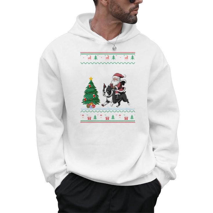 Ugly Christmas Tree Lights Xmas Santa Riding Boston Terrier Men Hoodie