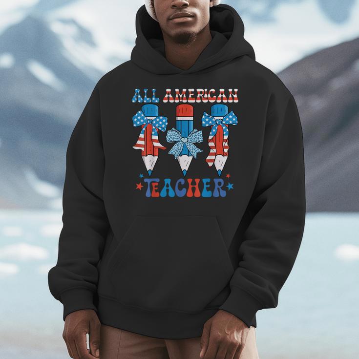 All American Teacher Pencil Coquette Bow USA Flag Teachers Men Hoodie, funny design All American Teacher Pencil Coquette Bow USA Flag Teachers Men Hoodie, funny design