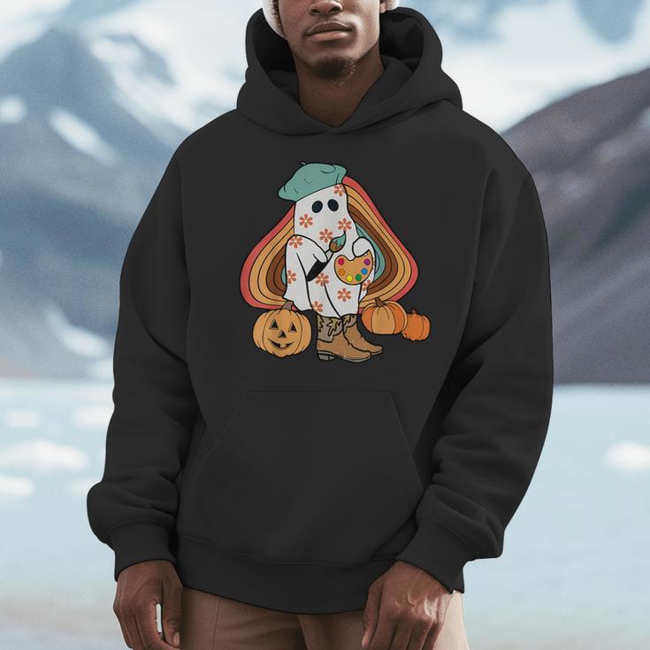 Art Teacher Painting Brushes Retro Pumpkin Ghost Artist Men Hoodie, funny design