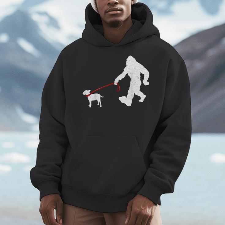 Bigfoot Walking With Bull Terrier Dog Men Hoodie, funny design