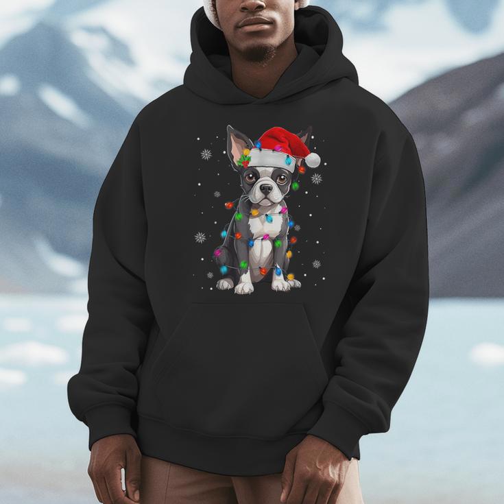 Boston Terrier Christmas Santa Hat Tree Lights Pajama Men Hoodie, Boston Terrier Christmas Gifts, funny design