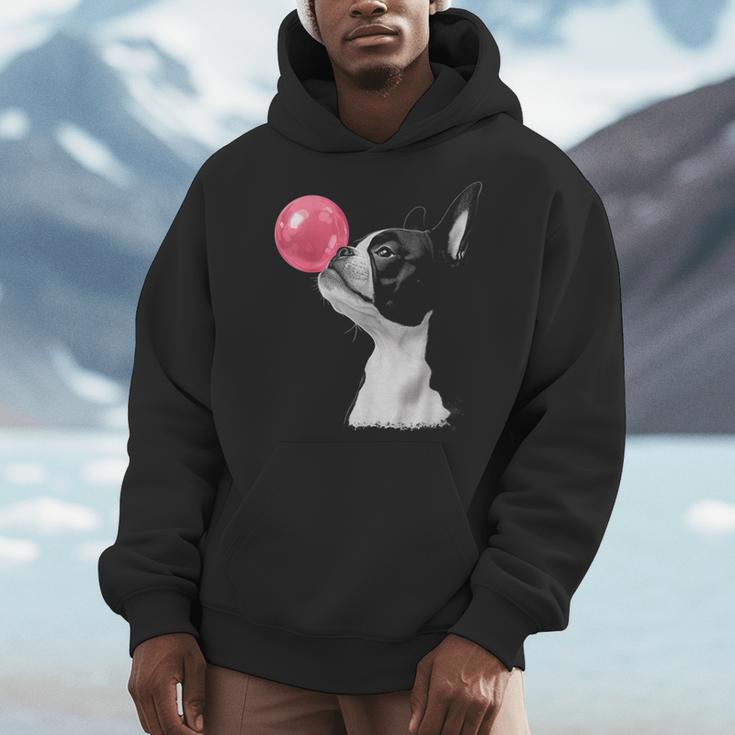 Boston Terrier Dog Blowing Chewing Bubble Gum Pink Men Hoodie, funny design