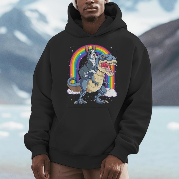Boston Terrier Riding Dinosaur T-Rex Boys Kids Rainbow Men Hoodie, Boston Terrier Riding Gifts, funny design