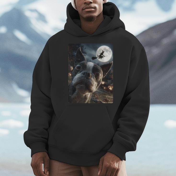 Boston Terrier Selfie Full Moon Flying Witch Halloween Dog Men Hoodie, Boston Terrier Halloween Gifts, funny design