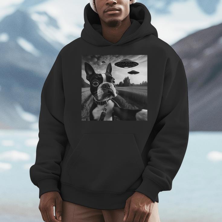 Boston Terrier Graphic Selfie With UFOs Weird Aliens Men Hoodie, funny design