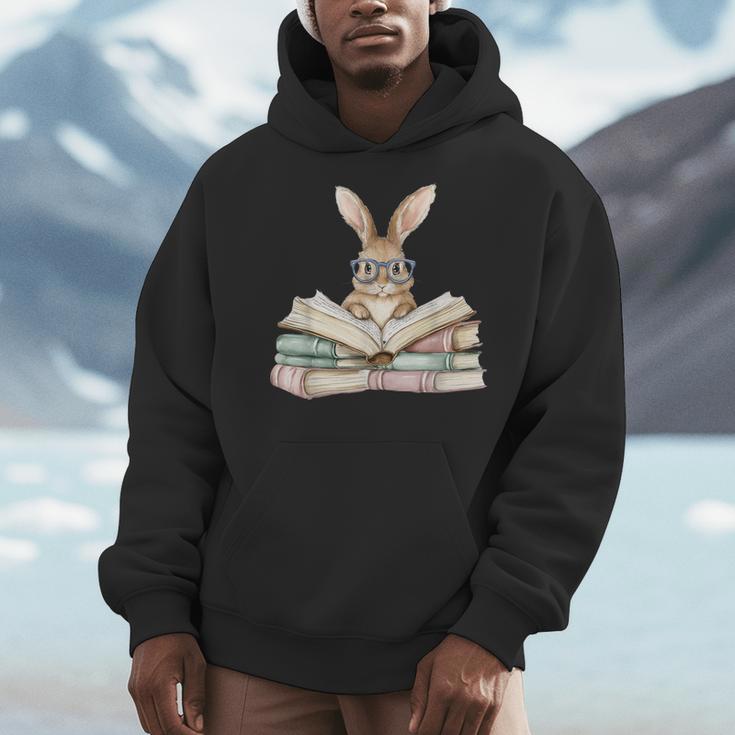 Cute Reading Bunny Glasses Books Bookworm Reader Teacher Men Hoodie, funny design
