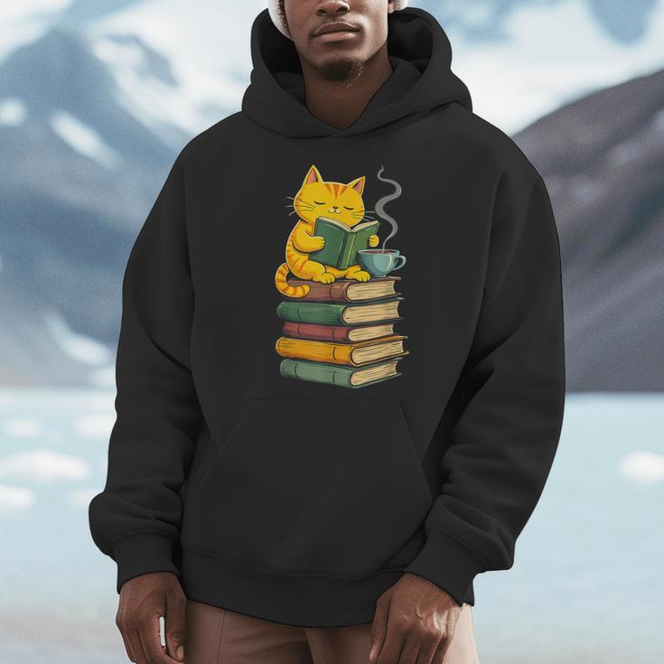Kawaii Cats Lover Coffee Books Teacher Librarian Cat Men Hoodie, funny design