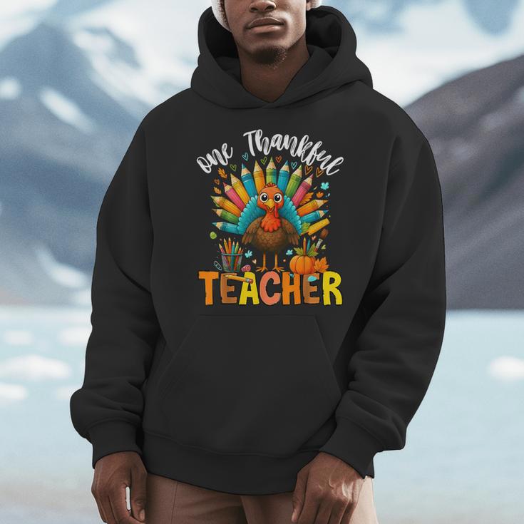 One Thankful Teacher Thanksgiving Turkey Cute Crayon Pencil Men Hoodie, funny design
