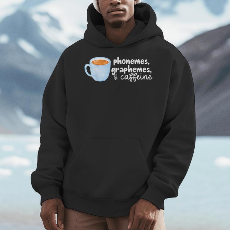 Reading Interventionist Specialist Teacher Phonemes Graphemes And Caffeine Reading Intervention -Adults Classic Fit Short Sleeve Men Hoodie, funny design