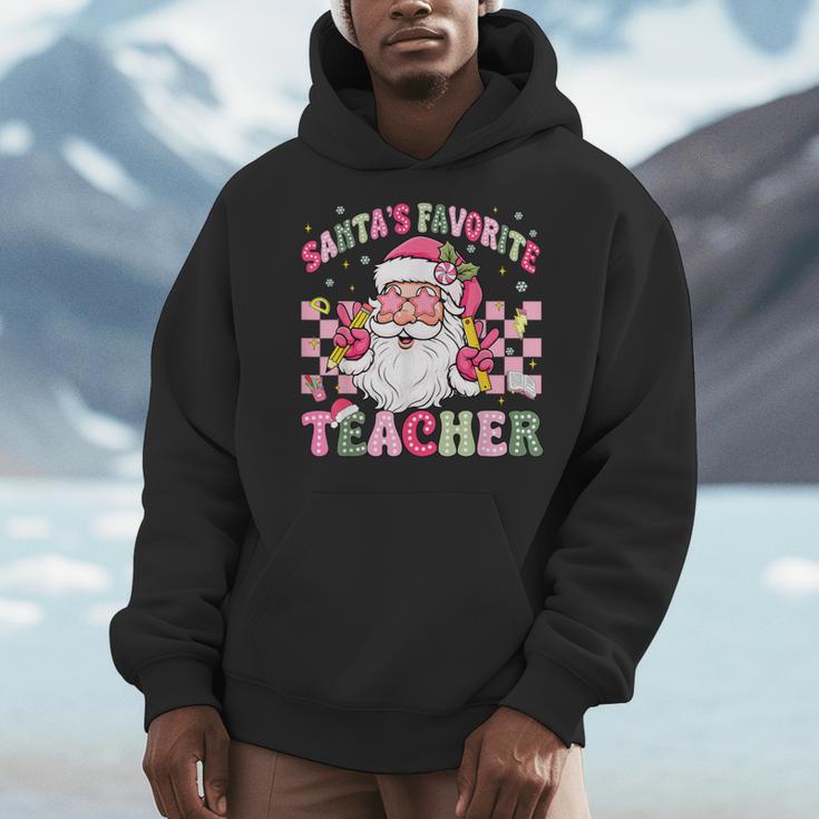 Santa's Favorite Teacher Groovy Christmas Teacher Boys Girls Men Hoodie, Groovy Teacher Gifts, funny design