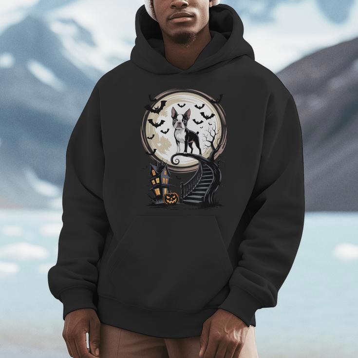 Spooky Halloween Moon Boston Terrier Boston Bull Bostie Men Hoodie, Boston Terrier Halloween Gifts, funny design