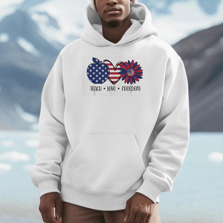 American Flag Teach Love Freedom Preschool Teacher 4th July Men Hoodie, funny design