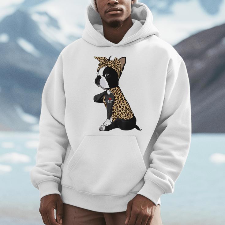 Boston Terrier Lover I Love Mom Tattoo Leopard Men Hoodie, Couple Gifts, Mom Gifts, Boston Terrier Mom Gifts, funny design