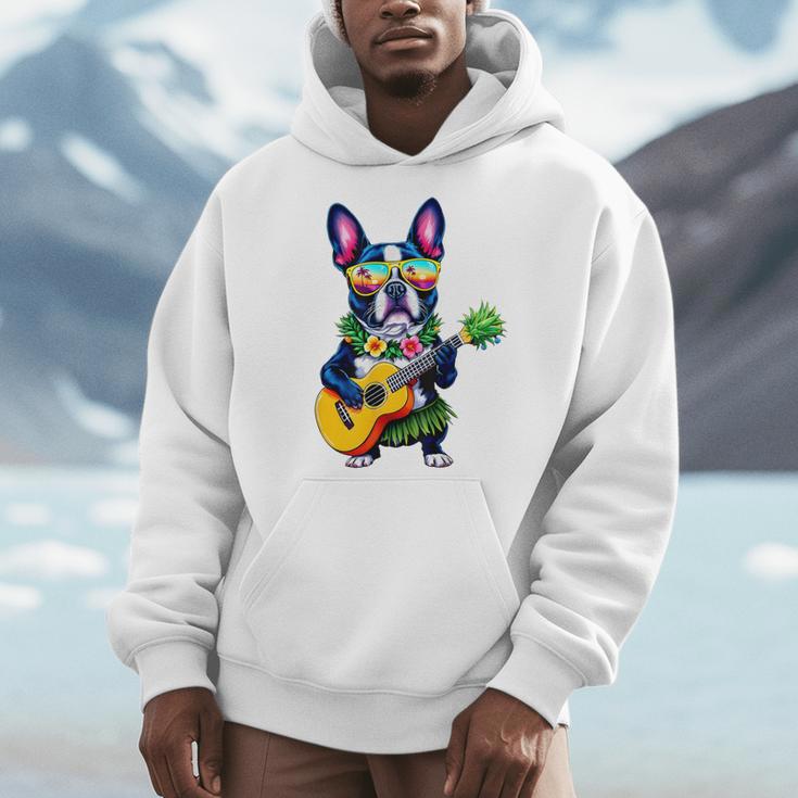 Hawaiian Boston Terrier & Pineapple Ukulele Summer Vacation Men Hoodie, funny design