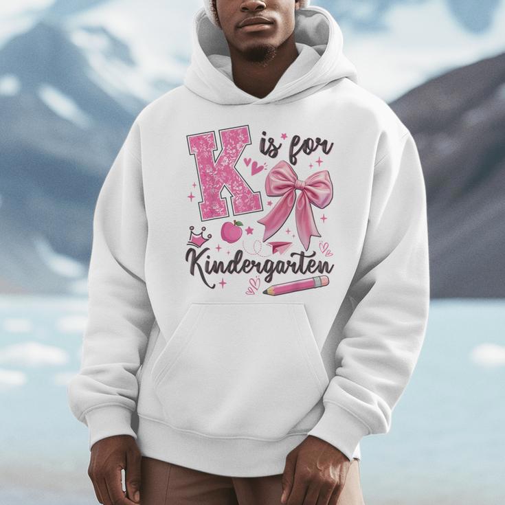 K Is For Kindergarten Teacher Coquette Bow Back To School Men Hoodie, funny design K Is For Kindergarten Teacher Coquette Bow Back To School Men Hoodie, funny design