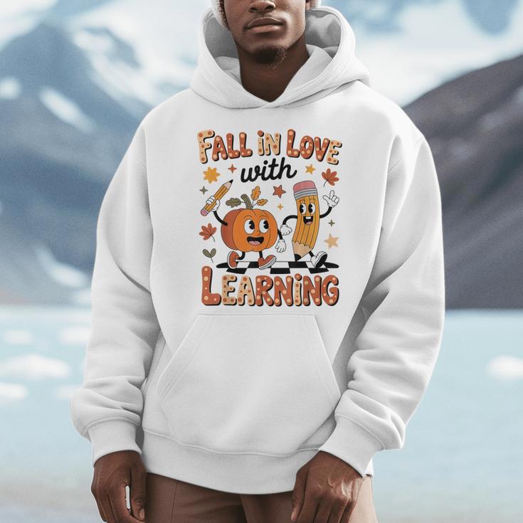 Retro Fall In Love With Learning Autumn Pumpkin Teacher Kids Men Hoodie, funny design