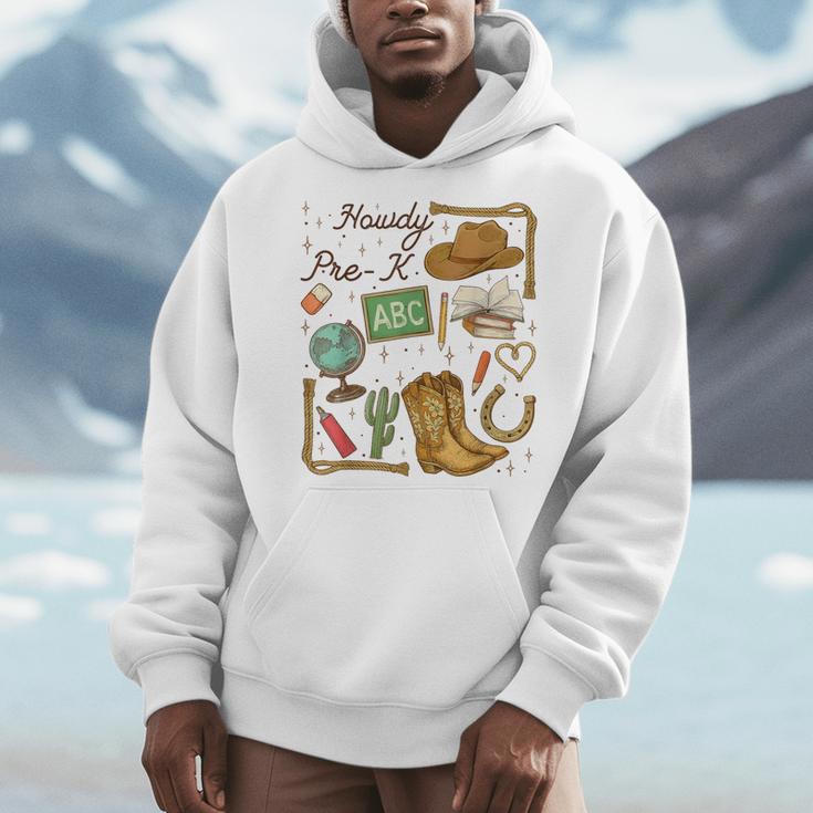 Retro Howdy Pre-K Back To School Western Teacher Men Hoodie, funny design