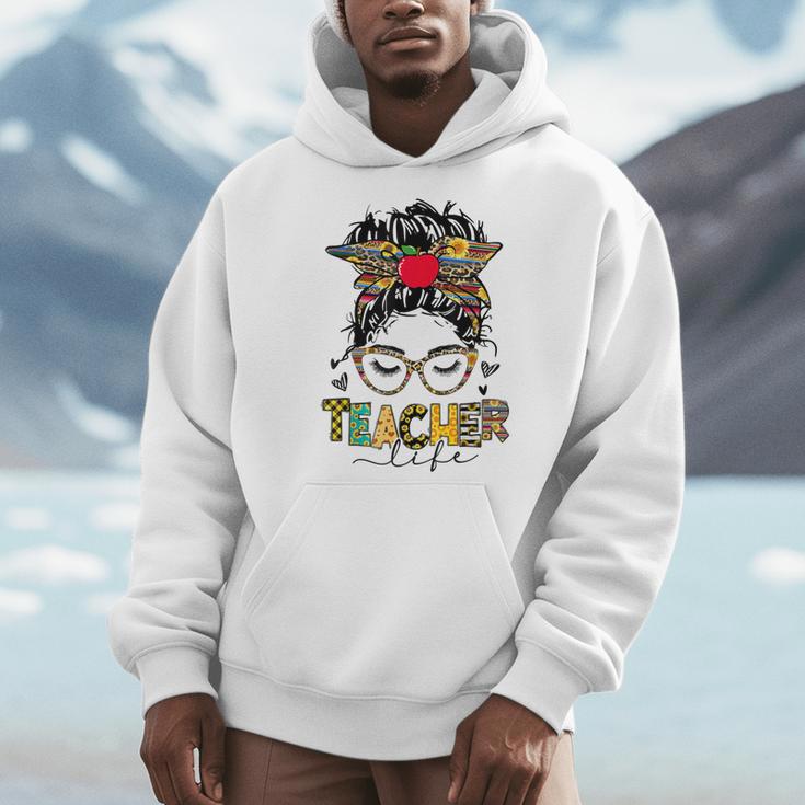 Teacher Life Messy Bun Glasses Leopard Sunflower Men Hoodie, funny design