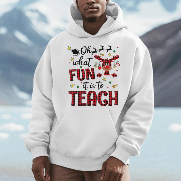 Teachers Oh What Fun It Is To Teach Cute Red Plaid Reindeer Men Hoodie, funny design