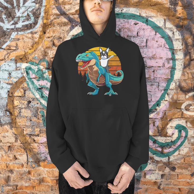 Boston Terrier Dog Riding Dinosaur T Rex Boys Men Hoodie, Boston Terrier Riding Hoodies, gift for family, gift for coworker
