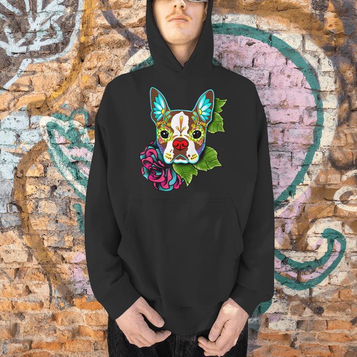 Boston Terrier In Red Day Of The Dead Sugar Skull Dog Men Hoodie, gift for family, gift for coworker
