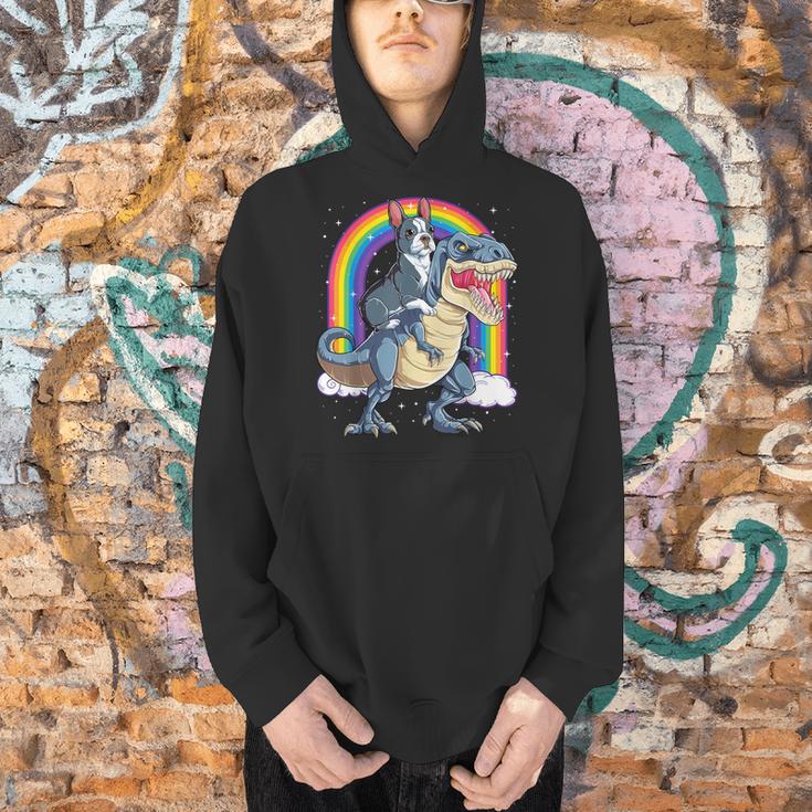 Boston Terrier Riding Dinosaur T-Rex Boys Kids Rainbow Men Hoodie, Boston Terrier Riding Hoodies, gift for family, gift for coworker