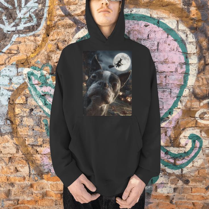 Boston Terrier Selfie Full Moon Flying Witch Halloween Dog Men Hoodie, Boston Terrier Halloween Hoodies, gift for family, gift for coworker