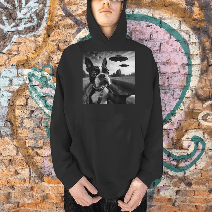 Boston Terrier Graphic Selfie With UFOs Weird Aliens Men Hoodie, gift for family, gift for coworker
