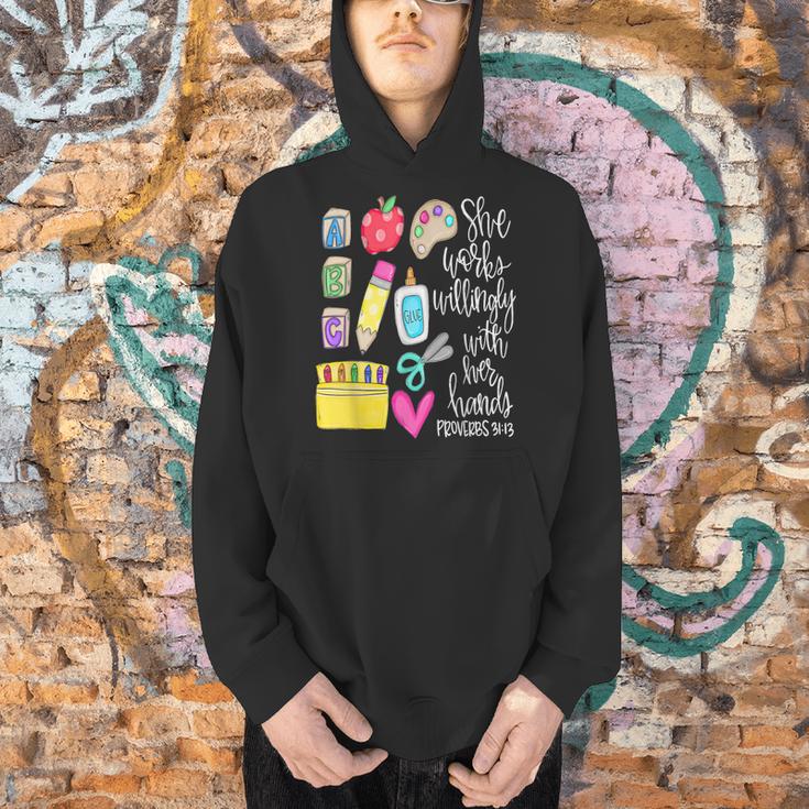 She Works Willingly With Her Hands Proverbs Daycare Teacher Men Women Men Hoodie, gift for family, gift for coworker