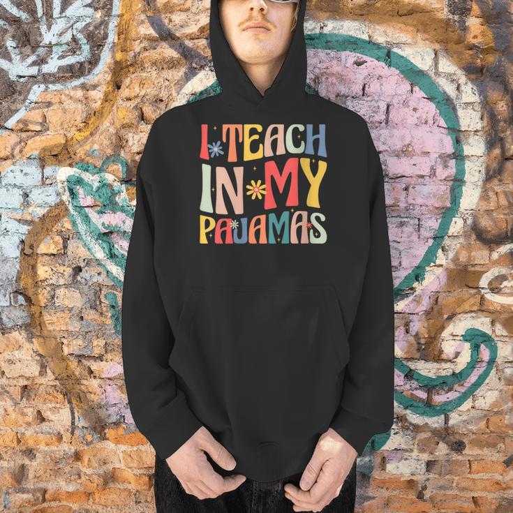 I Teach In My Pajamas Retro Groovy Teacher Humor Men Hoodie, Groovy Teacher Hoodies, gift for family, gift for coworker
