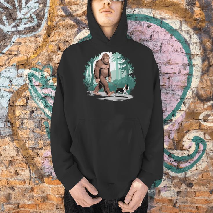 Whimsical Forest Adventures Sasquatch Bigfoot Walking Boston Terrier Dog Lovers Men Hoodie, gift for family, gift for coworker