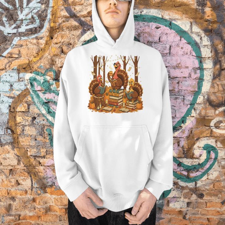 Librarian Turkey Reading Book Fall Thanksgiving Teacher Book Men Hoodie, gift for family, gift for coworker