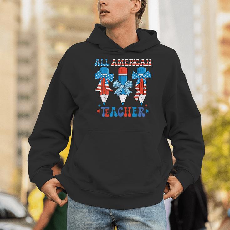 All American Teacher Pencil Coquette Bow USA Flag Teachers Men Hoodie, funny gift All American Teacher Pencil Coquette Bow USA Flag Teachers Men Hoodie, funny gift