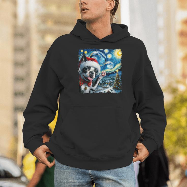 Boston Terrier Santa Starry Night Van Gogh Christmas Dog Men Women Kids Men Hoodie, Boston Terrier Christmas Hoodies, funny gift