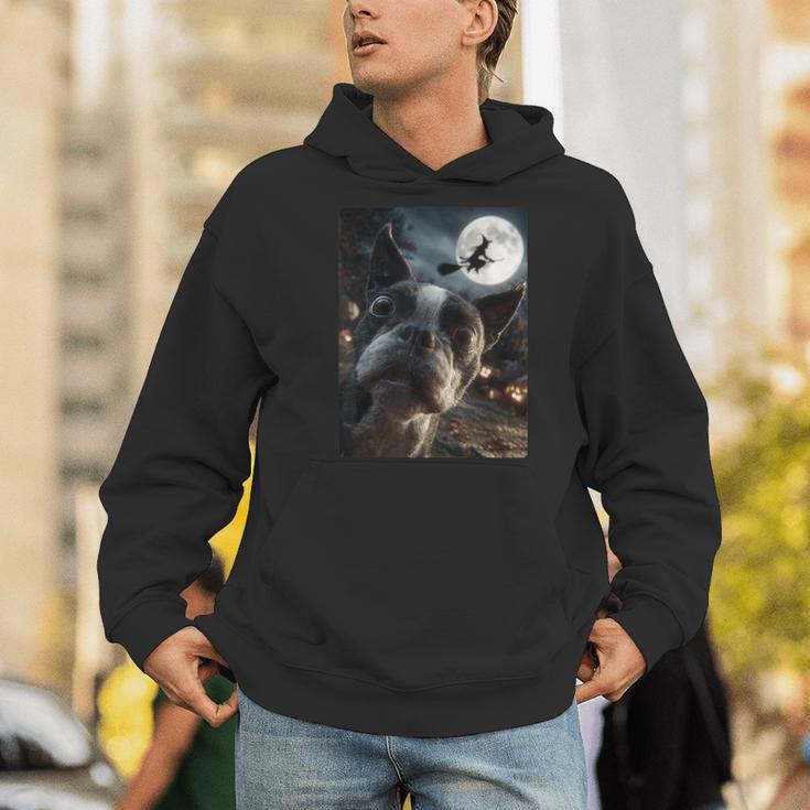 Boston Terrier Selfie Full Moon Flying Witch Halloween Dog Men Hoodie, Boston Terrier Halloween Hoodies, funny gift