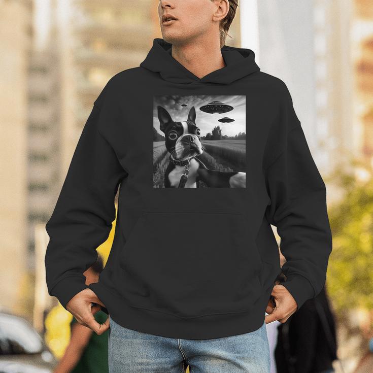 Boston Terrier Graphic Selfie With UFOs Weird Aliens Men Hoodie, funny gift