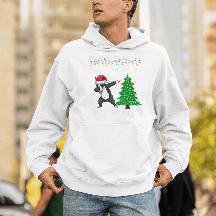 Boston Terrier Santa Hat Dabbing Around The Christmas Tree Men Hoodie, Boston Terrier Christmas Hoodies, funny gift