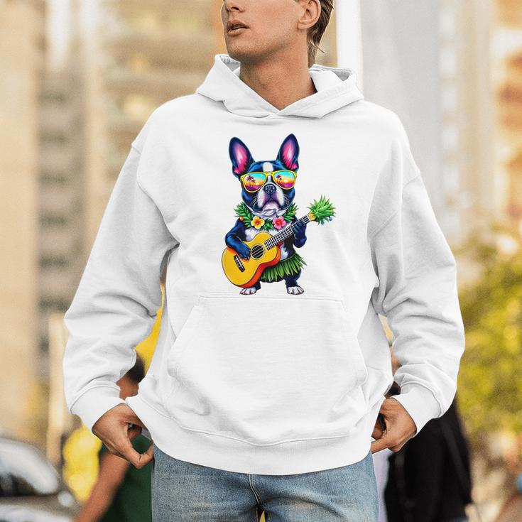 Hawaiian Boston Terrier & Pineapple Ukulele Summer Vacation Men Hoodie, funny gift